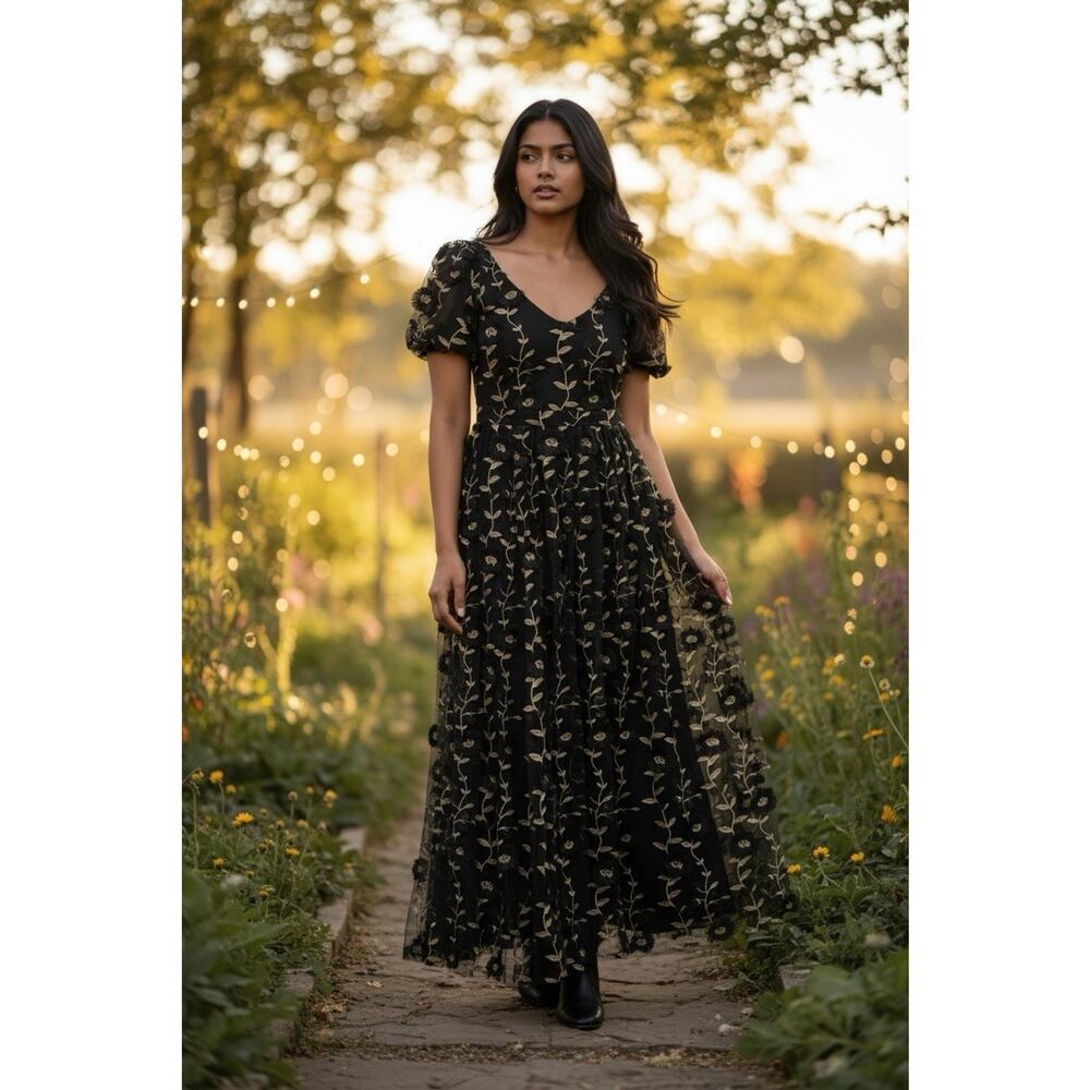 ARULA Black Maxi Dress with Cream Floral Stitching